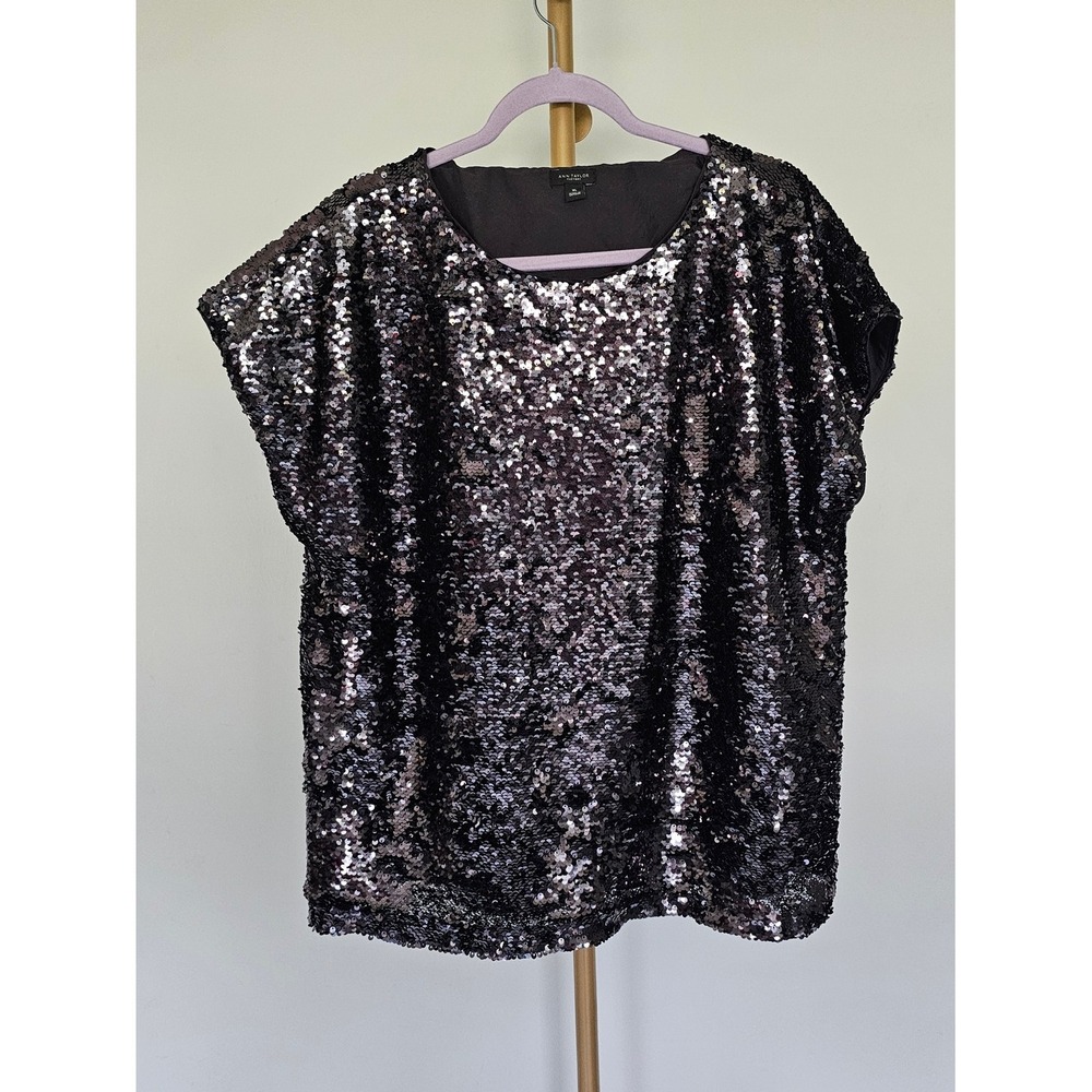 Ann Taylor‎ Factory Black Sequin Cap Sleeve Blouse SZ XL - Picture 2 of 9